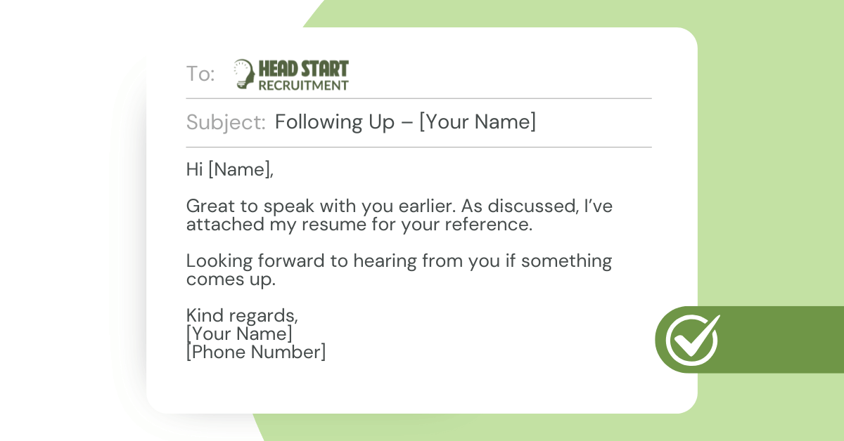 How to follow up with a recruiter after a chat or referral. A clean, friendly email example.